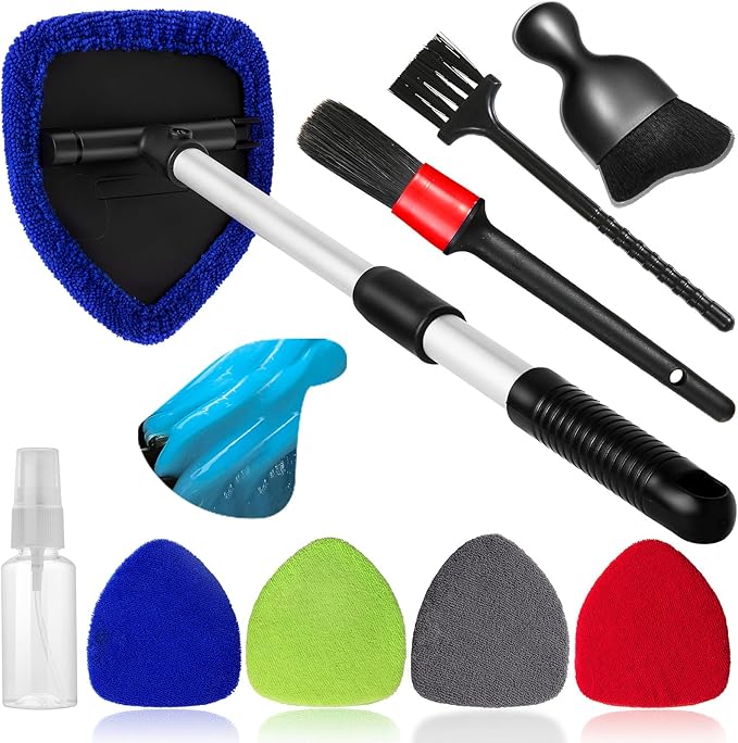 10pcs Windshield Cleaner Tool, Car Window Cleaning Wash Kit with 4 Reusable Microfiber Pads 1 Spray Bottle and Extendable Handle Auto Glass Wiper Kit, Multicolor