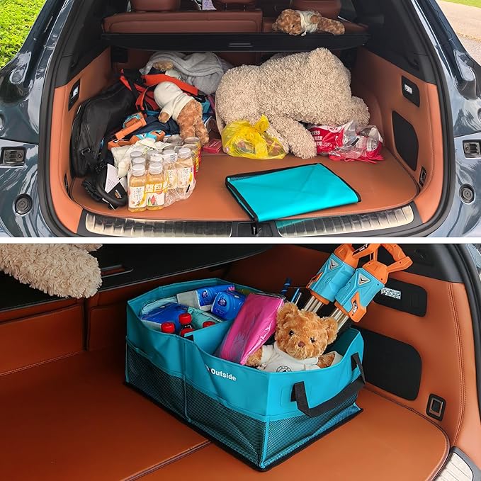 Collapsible Waterproof Car Trunk Organizer, Soft PVC Storage Bin with Rugged PVC-Coated Fabric for SUV & Truck (Aqua Blue, REG)
