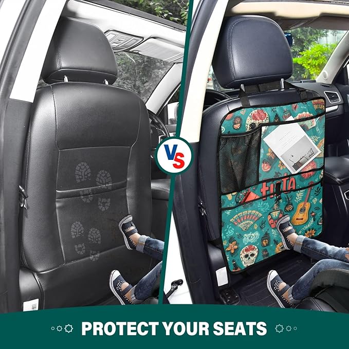 1 Pack Back Seat Car Organizer with Storage Pockets Kick Mats Back Seat Protector Hanging Car Organizer Automotive Seat Back Cover Organizers Fiesta Mexican Green Skulls Guitars Flowers