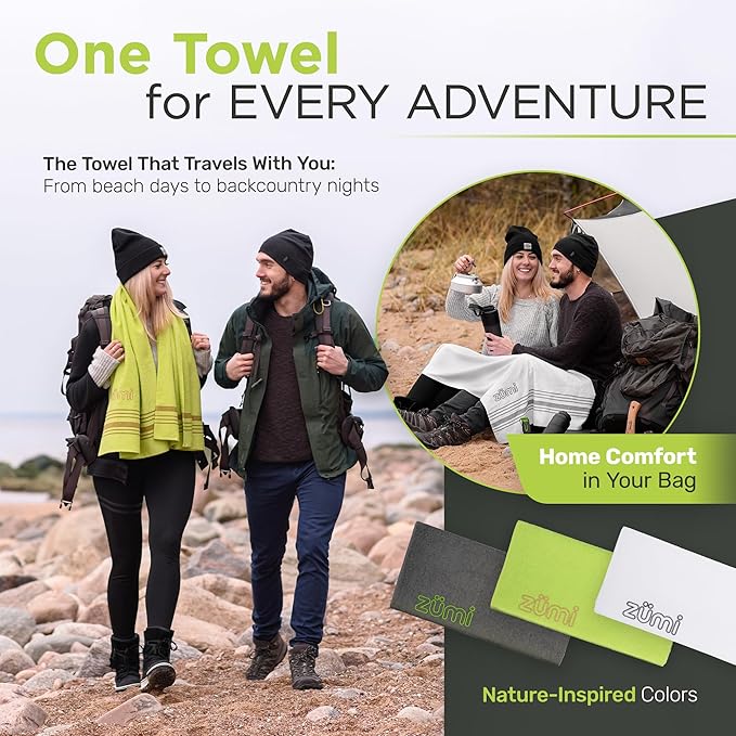 Zumi 100% Cotton Quick Dry Travel Towel - Soft, Thin, Compact, Highly Absorbent, Lightweight Camping Towel for Beach, Gym, Bath, Shower, Swimming, Dorm, RV - Green