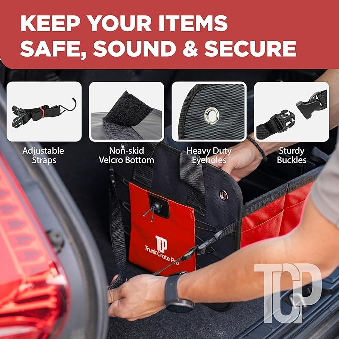 TRUNKCRATEPRO Red Car Accessories Trunk Organizer For Car, Suv Premium Multi Compartments Collapsible Portable Car Organizer For Women W 2 Adjustable straps, non-skid bottom (Large Capacity)
