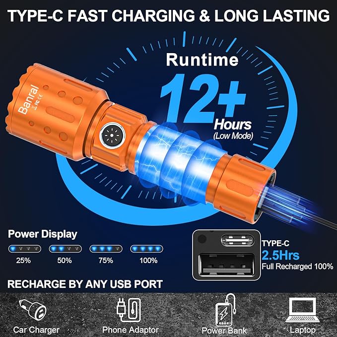 Banral Flashlights High Lumens Rechargeable, Super Bright Long Range Small Powerful Flashlight, 6 Modes LED Tactical Pocket Waterproof Flash Light for Home Emergency (2, Orange)