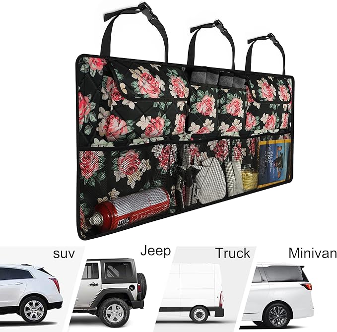 Femuar Car Trunk Organizer,Large Capacity Backseat Trunk Organizer(42"*18"),Collapsible Car Storage Bag with 8 Pocekt,Car Organizer for SUV/MPV/Truck - Floral