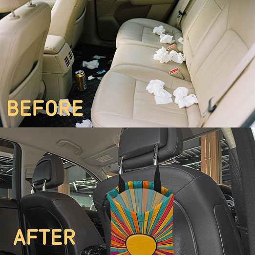 Retro Sunlight Stripes Car Trash Bag, Hanging Drawstring Car Garbage Bag,Canvas Car Back Seat Organizer with Adjustable Buckle for Men and Women