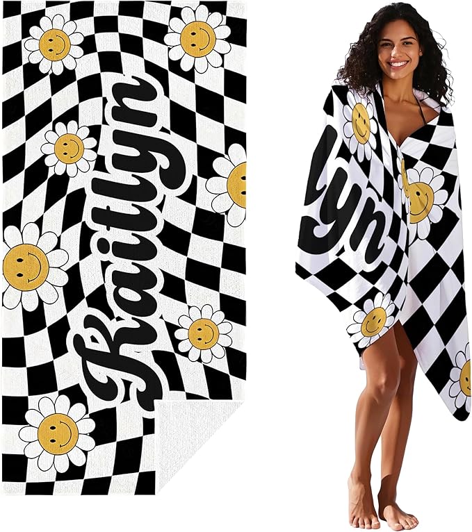 JML Personalized Beach Towel with Name, Custom Flower Beach Towel, Customized Microfiber Pool Towel, Quick Dry & Absorbent Swim Towel for Adult,Mother's Day, Birthday, Summer Holiday,Vacation