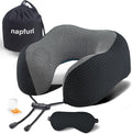 napfun Neck Pillow for Traveling, Upgraded Travel Neck Pillow for Airplane 100% Pure Memory Foam Travel Pillow for Flight Headrest Sleep, Portable Plane Accessories, Striped Black