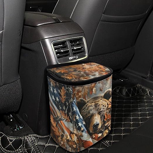 Camo Bear Car Trash Can Leak-Proof Car Trash Bin American Flag Collapsible Portable Auto Garbage Bag Large Capacity Trashcan Storage Bag Organizer