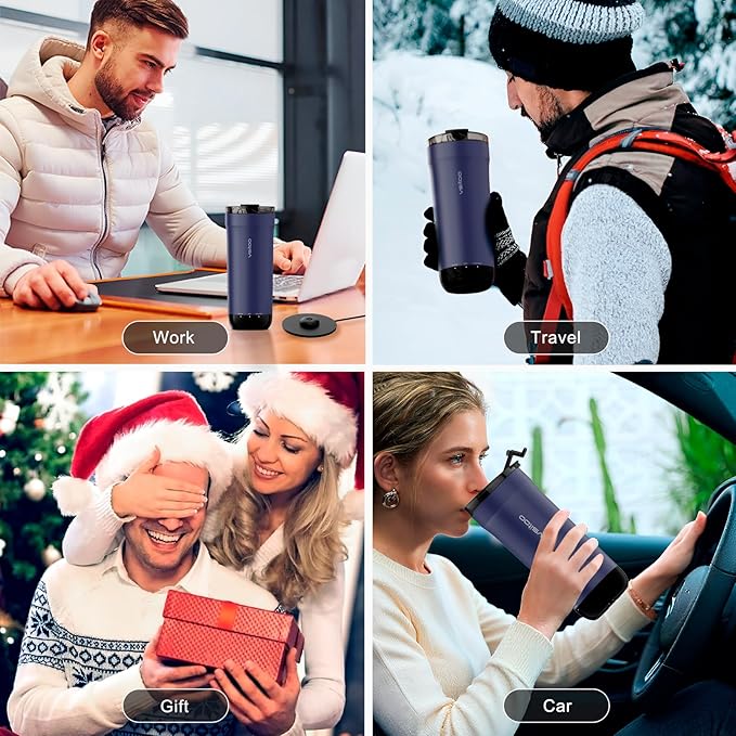 VSITOO S5 heated travel mug,16oz, Auto-Sensing AI Heats Drinks To 120-150°F Hands-Free. Temperature Control for All Cars, Perfect for Home/Office/Travel/Outdoor, Ideal Gift for Coffee Lovers - Blue