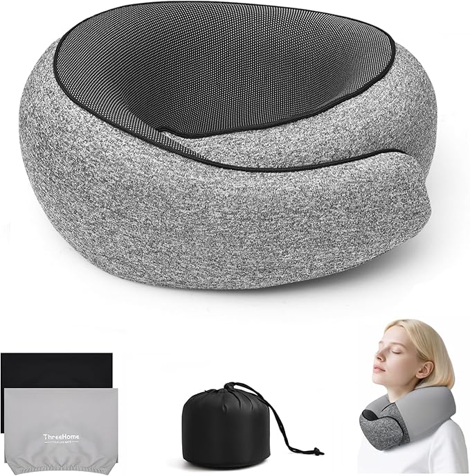 Travel Pillows for Airplanes, 100% Pure Memory Foam Neck Pillow with Skin-Friendly Silk Cover, Ergonomic Support, Washable Cover, Eye Mask, Earplugs, Ideal Neck Pillow for Flight Trips