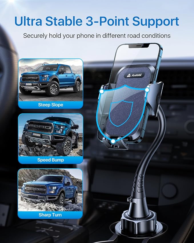 andobil Military-Grade Cup Phone Holder for Car/Truck, [2026 Enhanced] 13" 360° Adjustable Gooseneck w/Anti-Shake Car Mount, Universal Car Phone Holder for iPhone/Samsung All 4.0-7.0" Devices, Blue
