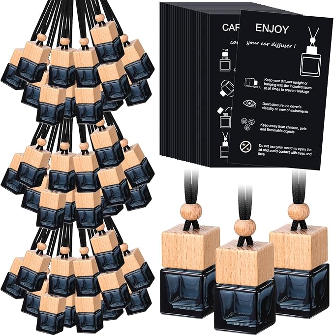 100 Sets Car Diffuser Bottles Empty Bulk Hanging Car Air Freshener Diffuser Bottles Bulk Glass Perfume Holder with Instruction Cards for Essential Oil Fragrance Pendant(Square,Black)
