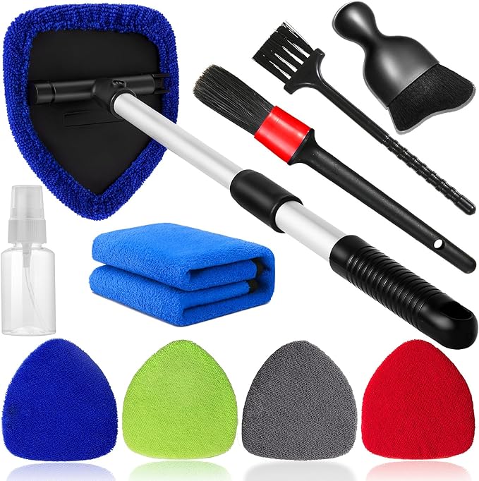 10pcs Windshield Cleaning Tool Inside Car Window Cleaner Wash Kit with 4 Reusable Microfiber Pads 1 Spray Bottle and Extendable Handle Interior Auto Glass Wiper Kit, Multicolor