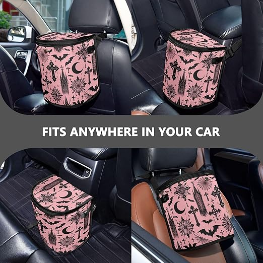 MNSRUU Car Trash Can with Lid, Black Gothic Moon Spider Webs and Bats Car Trash Bag Hanging Organizers and Storage for Front Back Seat, Leak-Proof Trash Bin