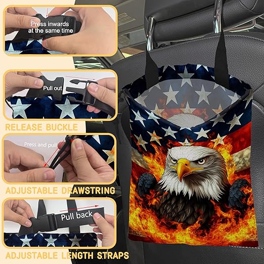 Bald Eagle with American Flag Car Garbage Bag, Small Car Trash Bag Hanging Back of Seat,Drawstring Car Trash Bag with Adjustable Buckle,Car Accessories for Camping Travelling