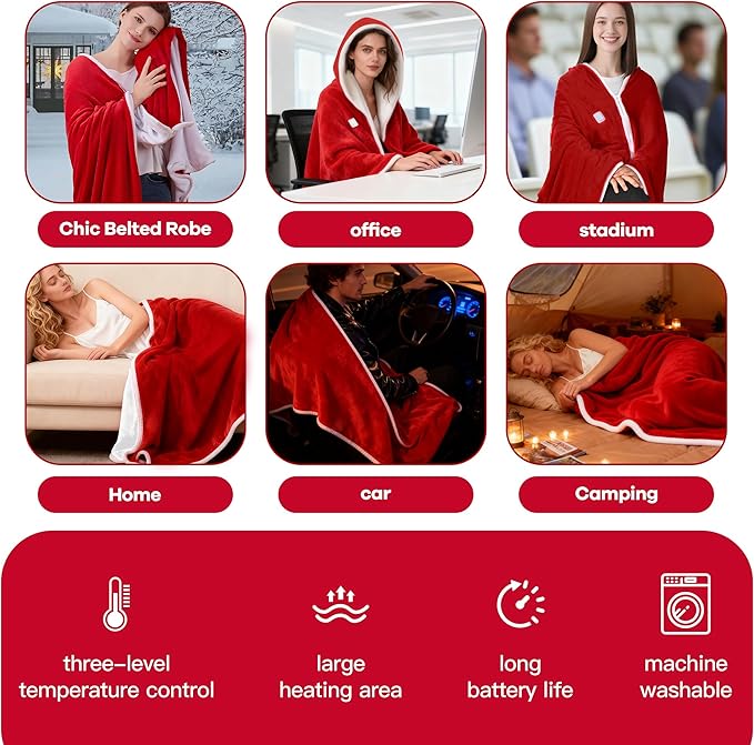 Wearable Heated Blanket with 20000mAh Power Bank, 11 Heating Zones, 3 Heat Levels, Timer, USB Powered, Machine Washable, for Camping, Office, Travel, Home Use (Christmas Red)