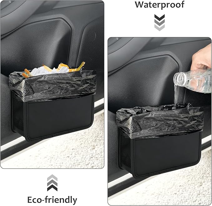 Accmor Collapsible Car Trash Can, Leather Vehicle Garbage Organizer Bin Holder with One Roll Trash Bag, Foldable Hanging Mini Cars Storage Bag Container for Auto, SUV (Black)