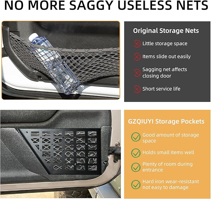 1 Pair Aluminum Rear Door Storage Pockets for 2007-2018 Jeep Wrangler JK JKU - Black Organizer with Tool-Free Install, Anti-Rust Coating & Accessory Mount (Grid)