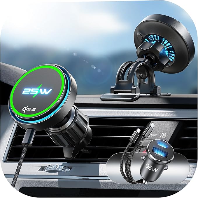 LISEN for Qi2.2 25W MagSafe Car Mount Charger，[Top Spec with Cooling Fan＆95W Fast Adapter] 25W iPhone 17 Pro Max Car Charger Fast Charging for iPhone 17 Pro Max Plus Air 16-12 Series,Pixel 10 Pro XL