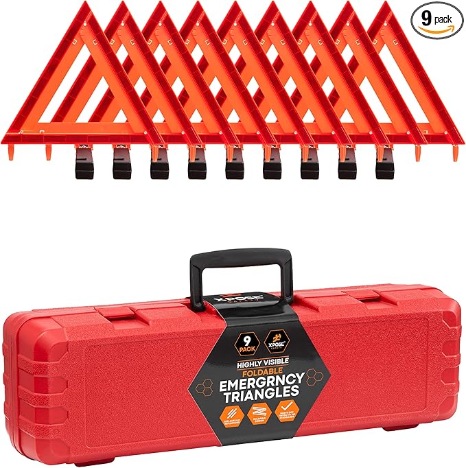 Xpose Safety Reflective Emergency Triangles – 9 Kits (27 Triangles) – DOT Approved Roadside Car Safety Warning Reflectors – Red & Orange Automotive Vehicle Hazard Visibility Markers