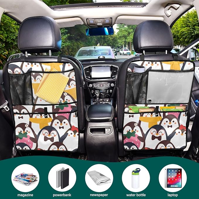 2 Pack Backseat Car Organizer with Storage Pockets Seat Back Organizers for Kids Kick Mats Backseat Protector Automotive Penguin Cute