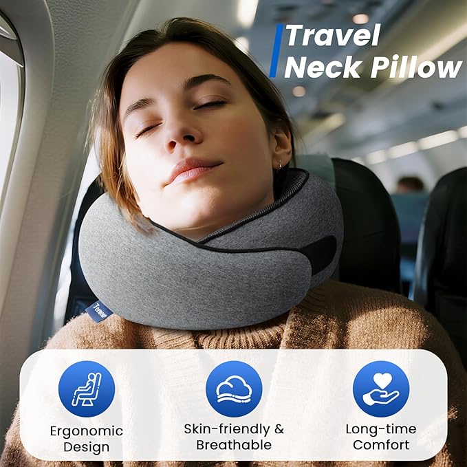 Teemour Travel Neck Pillow Airplane 360° Support Memory Foam Travel Pillows for Airplanes with Eye Mask & Ear Plugs, Portable Carry Bag for Travel & Office, Essentials for Home, Business Trip, Large