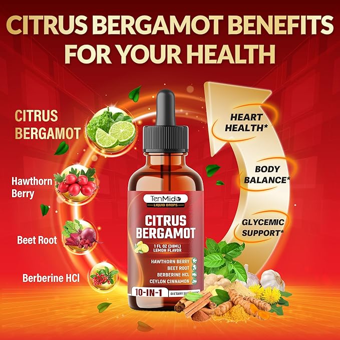 10in1 Citrus Bergamot Liquid Drops with Hawthorn Berry, Beet Root, Berberine HCl, Ceylon Cinnamon, Sylvestre, Turmeric Curcumin, Garlic, Ginger, and Dandelion - 30ml 1 Fl Oz