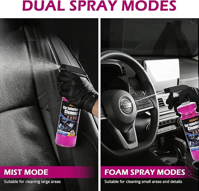 Car Interior Cleaner – Multi-Surface Auto Detailing for Leather, Glass, Dashboards & More – Dual-Mode Foam & Mist Spray (17oz) with Cleaning Towel