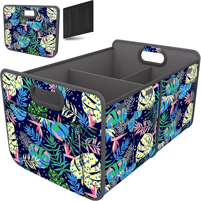 Homeve Trunk Organizer, Car Storage, Reinforced Handles, Collapsible Multi-Compartment Car Organizers, Foldable, Waterproof, 600D Oxford Polyester (Color Leaves, 2 Compart)