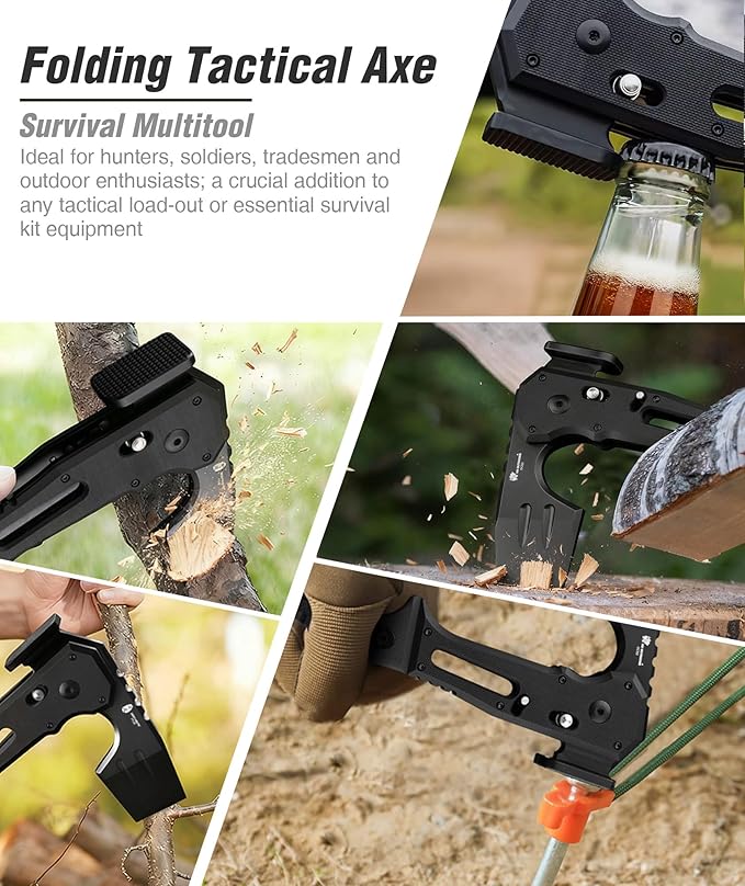 HX OUTDOORS Folding Tactical Axe Survival Multitool, DC53 Steel Blade with Black Titanium, Camping Axe with Hammer & Bottle Opener, G10 Handle for Outdoor Gear,Various Tactical and Survival scenarios
