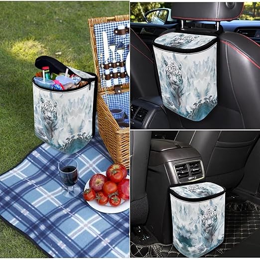 1.2 Gallons Car Trash Can for Women, White Tiger Auto Trash Can for Car, Adjustable Hanging for Tail of Console/Back of Seat, Odor-Free with Zipper Leak-Proof Lid Design, Small and Convenient