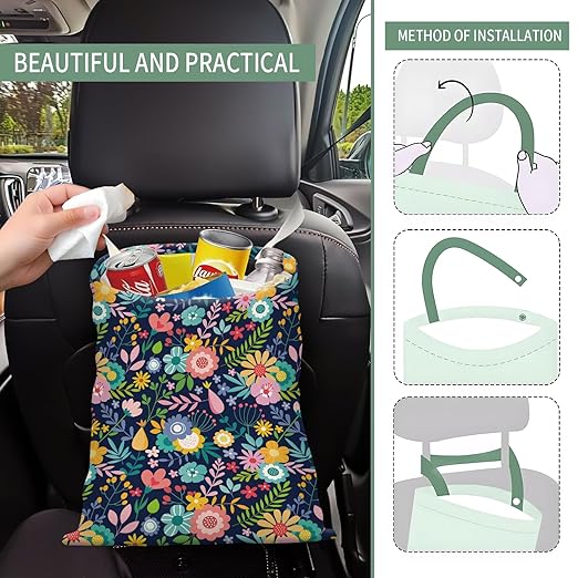 Cute Car Trash Can, Hanging Canvas Car Back Seat Organizer and Storage Bag, Funny Car Trash Bag For Travelling, Outdoor Cute Colorful Flowers