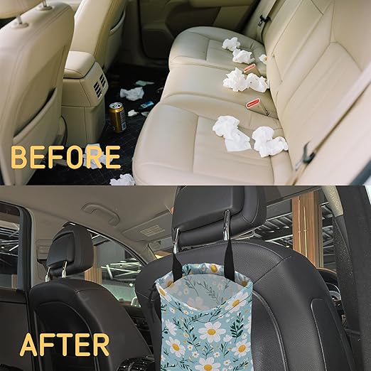 Blooming Flowers Car Trash Bag, Hanging Drawstring Car Garbage Bag,Canvas Car Back Seat Organizer with Adjustable Buckle for Men and Women