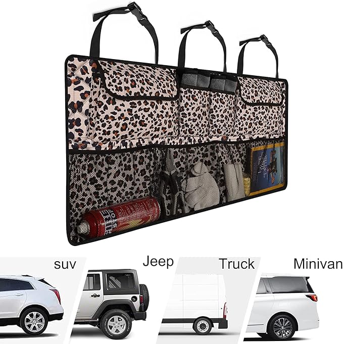 Femuar Car Trunk Organizer,Large Capacity Backseat Trunk Organizer(42"*18"),Collapsible Car Storage Bag with 8 Pocekt,Car Organizer for SUV/MPV/Truck - Leopard print