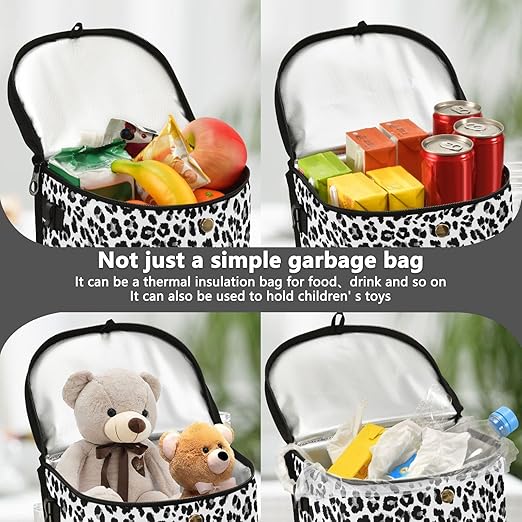 Bolaz Car Trash Can with Lid for Back Seat Car Trash Bin Hanging White Leopard Black Cheetah Leakproof Automotive Garbage Can Car Organizer