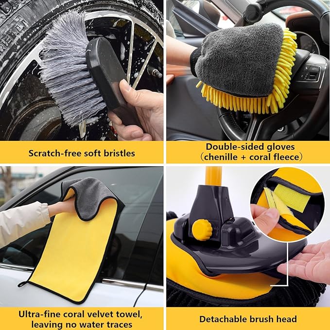 Car Wash Brush with Long Handle, 15°Curved Car Cleaning Brush with Replaceable Head Cover, Truck Washing Brushwith Telescopic Handle Wash Mop Kit 5PCS