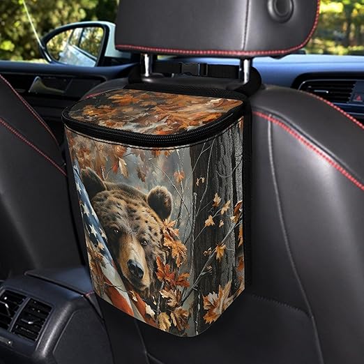 Camo Bear Car Trash Can Leak-Proof Car Trash Bin American Flag Collapsible Portable Auto Garbage Bag Large Capacity Trashcan Storage Bag Organizer