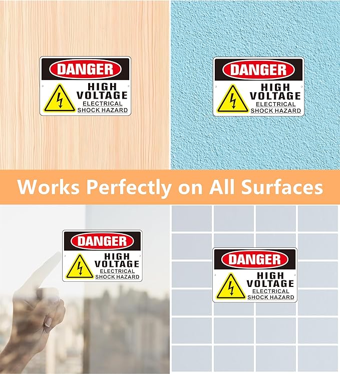 Danger High Voltage Sign, (2 Pack) Self Adhesive Aluminum Metal Electrial Shock Hazard Signs for Indoor Outdoor Use, Rust Free and Reflective Sticker (9 x 6 inches, Black/White)