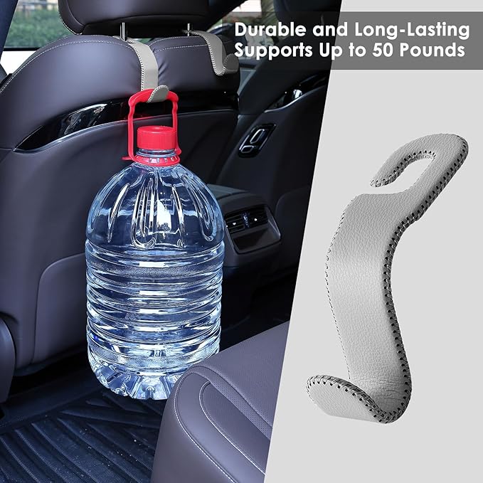 Leather Car Seat Hooks - U-Shaped Purse Holder for Car, Fully Leather-Wrapped Headrest Hooks for Purses, Bags & Coats, Durable Seat Back Organizer for Travel & Daily Use (Gray, 2 Pack)