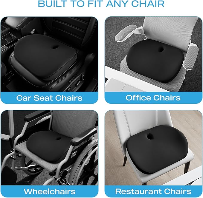 Road Comforts Premium Memory Foam Seat Cushion – Office Chair Cushion, Car Seat Cushion – Chair Cushions for Back & Sciatica Pain Relief – Seat Cushions for Office & Desk (Black)