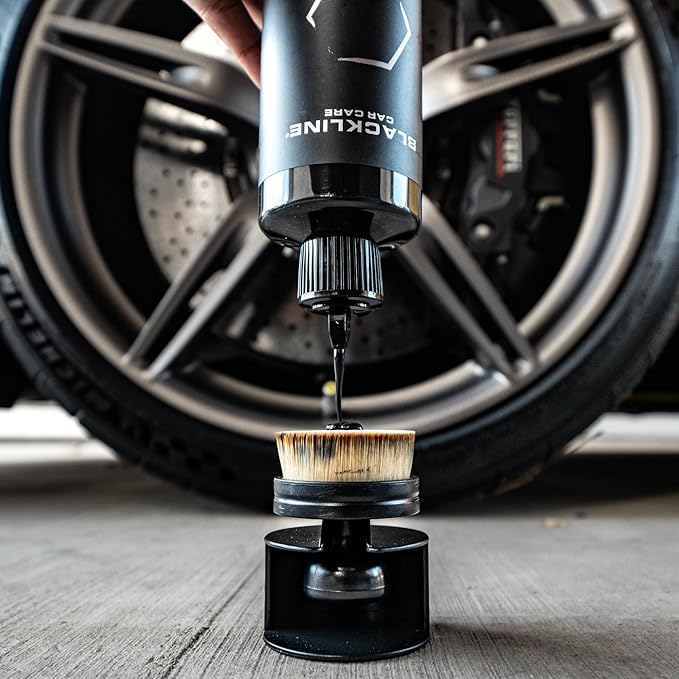 Blackline Reusable Tire Shine Applicator Brush – Soft Bristle Tool for Even Application, Ergonomic Grip with Drainable Stand, Mess-Free Gel & Liquid Tire Dressing Brush for Trim and Rubber Surfaces