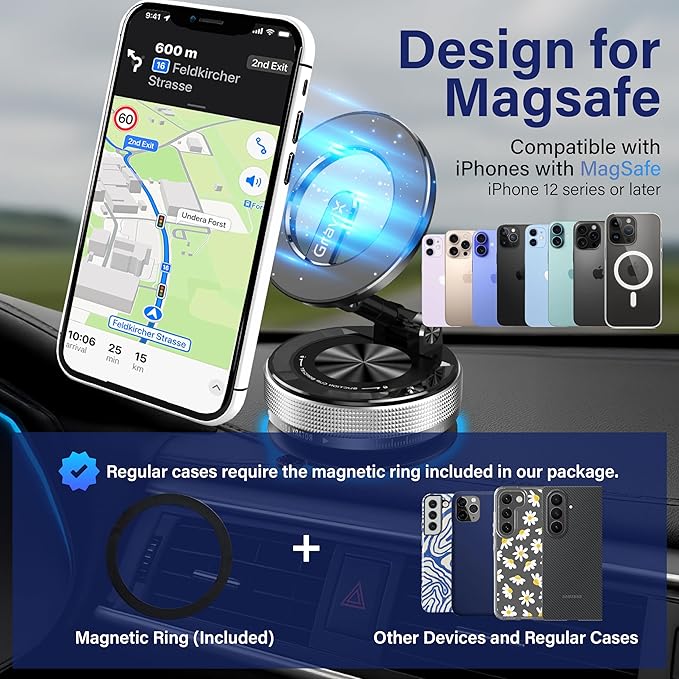 GraviX Car Phone Holder for MagSafe – Adjustable Car Phone Mount with Strong Suction & Powerful Magnet – Phone Holders for Your Car for iPhone 17 Pro Max 16 15 14 13 12 Air Plus – Car Accessories
