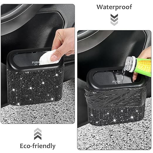 Accmor Bling Car Trash Can with Lid, Mini Auto Garbage Storage Bin with 60pcs Garbage Bags, Sparkling Crystal Trash Bags Holder Dustbin Vehicle Accessories Container Organizer (Black Rhinestone)