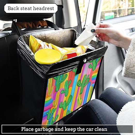 Rainbow Color Stripes and Cactus Car Trash Can Foldable Hanging Waterproof Medium Automotive Garbage Cans Trash Bin Storage Bag Car Dustbin Organizer Accessories Large 11x11x5.9
