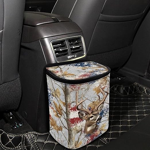 Camo Deer Car Trash Can with Lid US Flag Garbage Can with Adjustable Straps Trash Bin for Car Automotive Interior Accessories Storage Bag