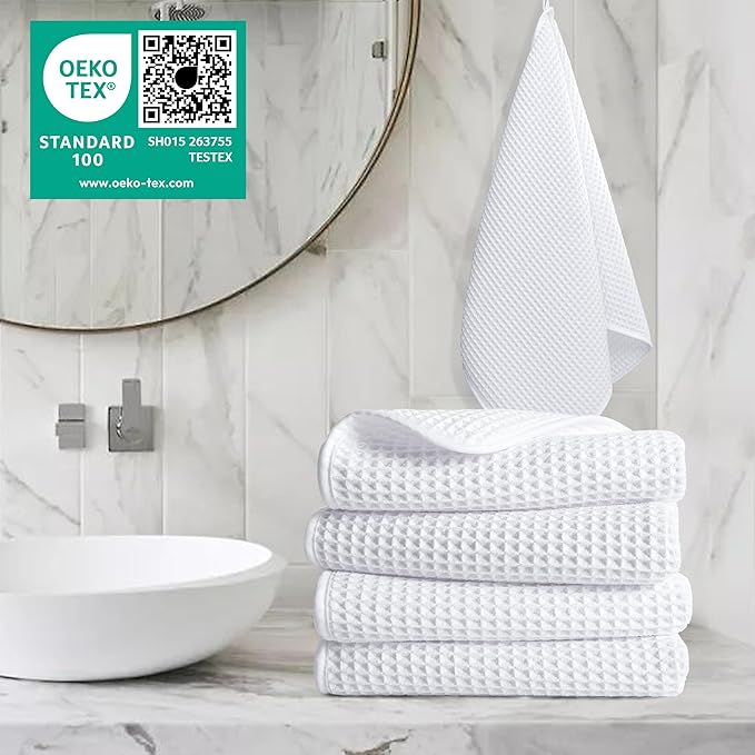 POLYTE 430 GSM Microfiber Lint Free Hand Towel, 16 x 30 in, 4 Pack (Waffle Weave)