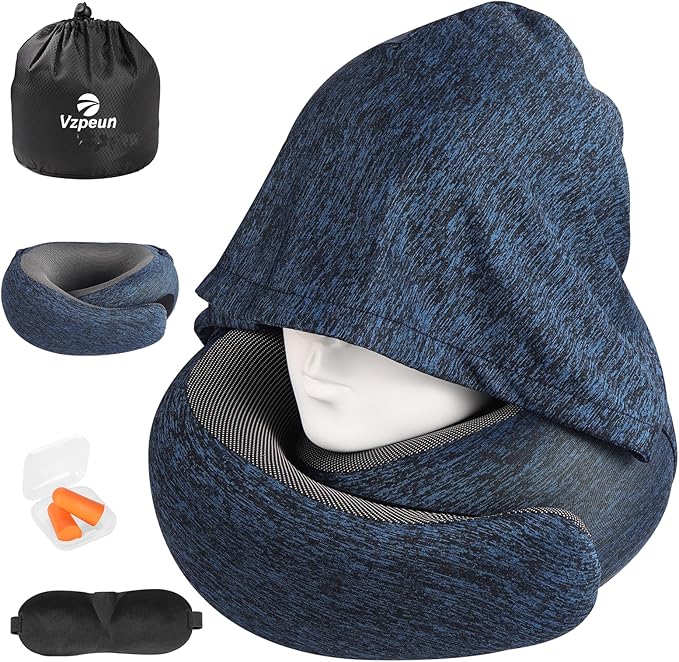 Travel Pillow - Hooded Neck Pillow Airplane Memory Foam Filling for Plane, Office, Cars Sleeping, Road Trip, Long Flights, Portable Plane Accessories, Includes Eye Mask & Earplugs (Full Blue)