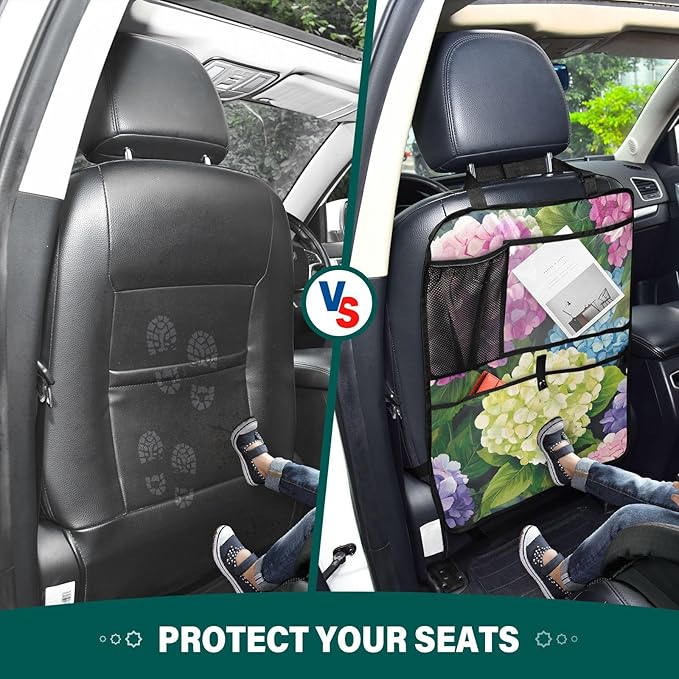 Pink Hydrangea 1 Pack Backseat Car Organizer with Storage Pockets Seat Back Organizers for Kids Kick Mats Backseat Protector Automotive