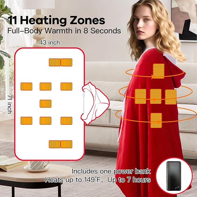 Wearable Heated Blanket with 20000mAh Power Bank, 11 Heating Zones, 3 Heat Levels, Timer, USB Powered, Machine Washable, for Camping, Office, Travel, Home Use (Christmas Red)
