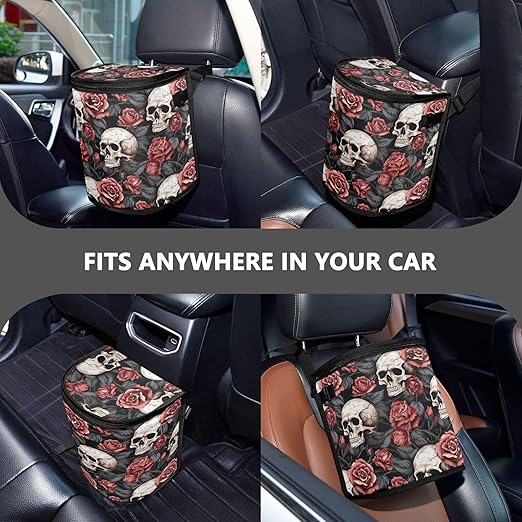 MNSRUU Car Trash Can with Lid, Gothic Skull and Flower Car Trash Bag Hanging Organizers and Storage for Front Back Seat, Leak-Proof Trash Bin