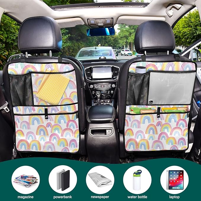 1 Pack Back Seat Car Organizer with Storage Pockets Kick Mats Back Seat Protector Hanging Car Organizer Automotive Seat Back Cover Organizers Gradient Cute Rainbows